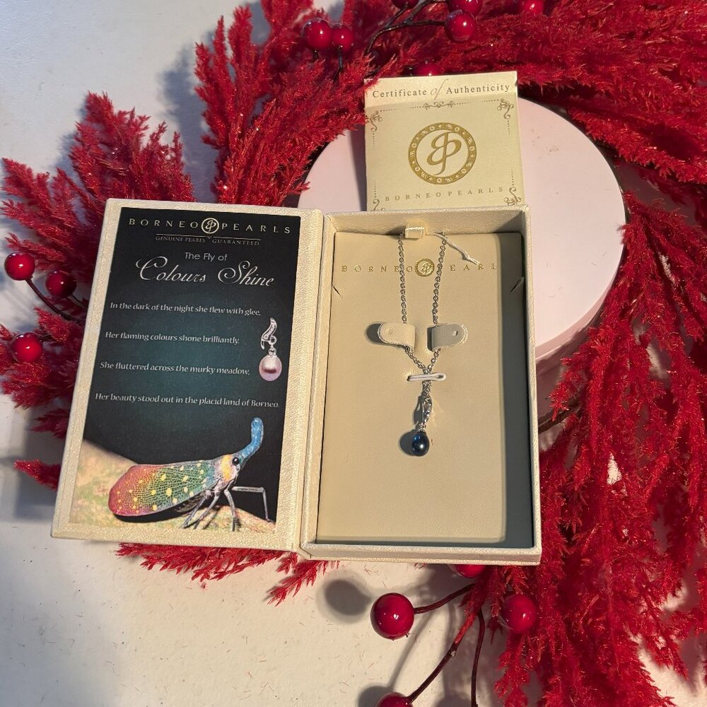 Borneo Grey/Black (Looks Dark Blue) Pearl Necklace on a Silver Chain